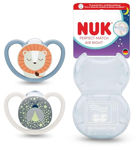 NUK Perfect Match Air Night Baby-Schnuller | 18-36 Monate | Leuchtende Schnuller, die Luftzirkulation fördern & Speichelrash verhindern | 95% Baby-Akzeptanz** | Löwe | 2 Stück