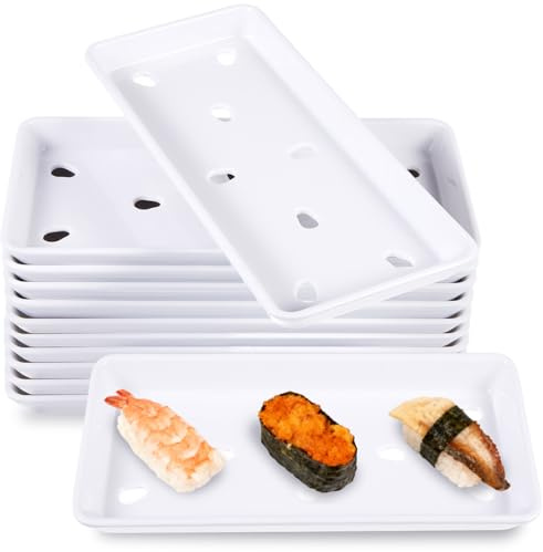 Acellegic 12 Pcs Sushi Plates with Drip Holes,8 x 3.75 Inches,White