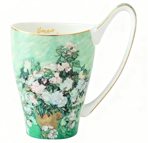 YBKTEX Bone China Teacup, 16oz- Van Gogh's Paintings(White Rose)