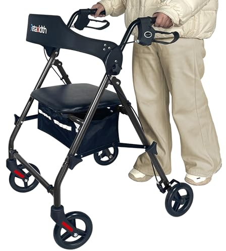 Retaoldth Rollator Walkers for Seniors with Seat, Foldable & One-Hand Carry, Upgraded Rolling Walker with Seat for Seniors, Handle Height Adjustable Walker for Seniors, Walking & Seated, Black