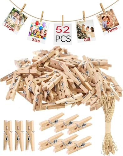 GOEDEKE 52 PCS Mini Wooden Pegs, 3cm Small Photo Pegs, Natural Photo Clips Peg with 10M Jute String for Photo Wall Display, Craft, Weddings, Parties, Christmas Card Pegs