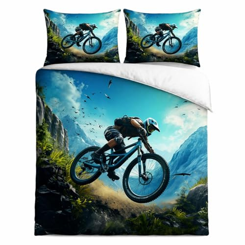 WSFST Fahrrad Bettwäsche 135x200 cm Mikrofaser – Mountainbike MTB Bettwäsche Set 2-teilig, Bettbezug 135x200 & Kissenbezug 80x80, Sport Fahrrad Bettwäsche Jungen Teenager mit Reißverschluss