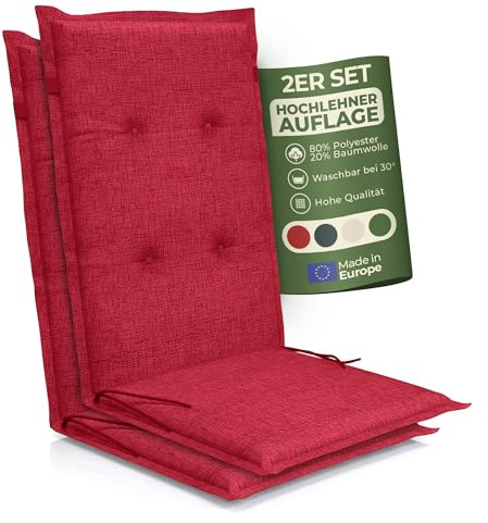 Petsation Florence Hochlehner Auflage – Gartenstuhlauflage Hochlehner mit Schaumstoff Polster, Outdoor Kissen & Stuhlkissen für Gartenstuhl, Sitzkissen Stuhl & Sitzkissen Bank, Outdoor (2, rot)