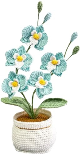 Magicherry Orquídeas de ganchillo hechas a mano en maceta, flores artificiales de orquídea Phalaenopsis con exquisita maceta para regalos de Navidad, cumpleaños, graduación, aniversario, color azul