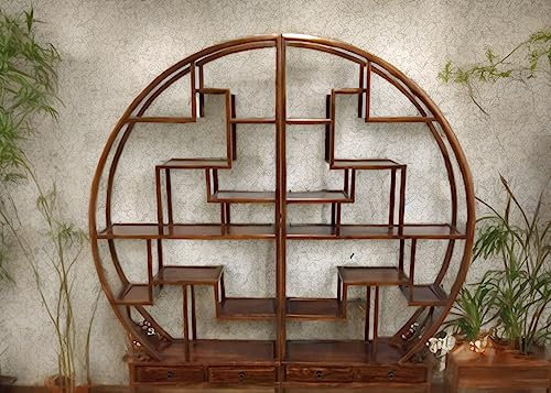 OPIUM OUTLET orientalisches Rundregal Eckregal Wandregal Raumteiler Bücherregal Regal Schrank Vitrine offen rund chinesisch asiatisch Vintage braun (kastanienbraun)