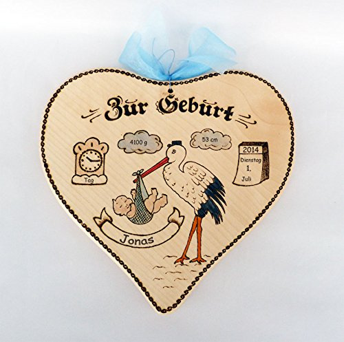 Geschenkissimo Geburtsgeschenk: Holz-Herz mit Geburtsdaten - Farbe: blau, Motiv Storch