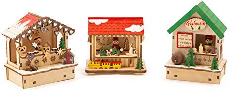 Small Foot Lampen-Set Weihnachtsmarkt aus Holz, Weihnachtsdeko mit drei Holzhütten mit Licht für die Fensterbank, 11390