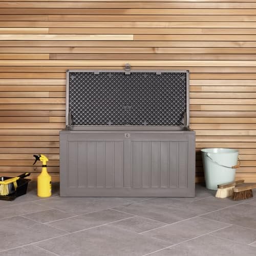 Charles Bentley 190L Outdoor Garden Storage Box, Grey Body, 2 Plastic Straps, Padlock Hasp, Sturdy PP Vacuum, Indoor/Outdoor, Steel Storage Chest (96cm x 49.3cm x 45.8cm)