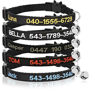 Collier de Chat personnalisé Breakaway avec Bell, Boucle de libération de sécurité de Collier de Chat personnalisé, nom d'identification brodé sur Le Collier de Chaton avec Bell (Black)
