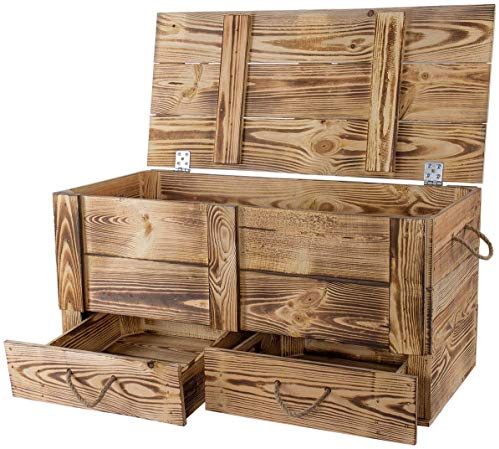 Traumhaft rustikale Holztruhe (85 x 39 x 40 cm, geflammt) Schatztruhe Spielzeugkiste Truhe Bank Stauraum Sitztruhe Sitzbank Aufbewahrungstruhe mit großer Kapazität Flur, Schlafzimmer, Wohnzimmer