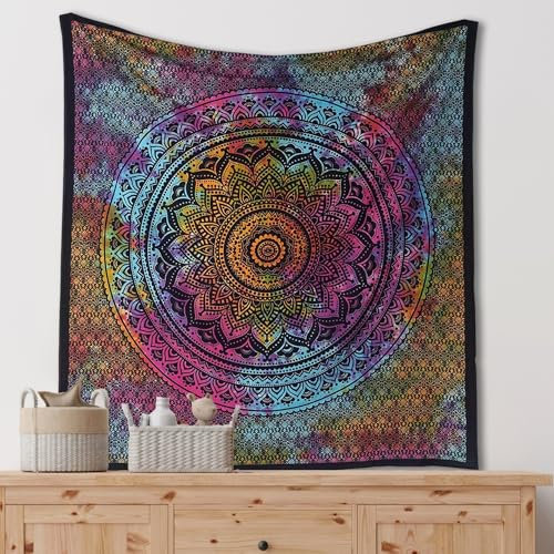 THE ART BOX Indie Wandteppich Baumwolle Mandala Wandbehang Deko Teppich Aesthetic Room Decor Dekoration Wandtuch/Strandtuch Wohnzimmer Indische Tücher Schlafzimmer Deko, Regenbogen,135x210 Cm