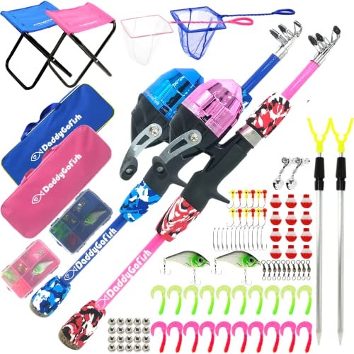 DaddyGoFish Kinder Angelset - Teleskoprute & Rolle Combo mit Klappstuhl, Rutenhalter, Tackle Box, Ködernetz und Tragetasche für Jungen und Mädchen - 2 Pack, Blau + Rosa, 5ft