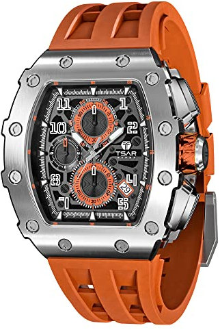 TSAR BOMBA Herren Uhr Tonneau Luxus Quadratisch Armbanduhr Herren Saphirglas Japanisches Quarzwerk Silikonband 50M Wasserdicht Chronograph Geschenk für Männer