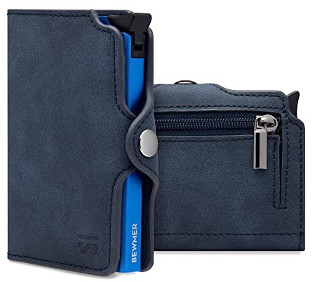 BEWMER Porte-Cartes de crédit 1 écran | Portefeuille Slim pour Homme et Femme | Porte-Cartes et Documents avec Protection RFID et Pince à Billets en Fibre de Carbone, Bleu, Con Zip, Minimaliste