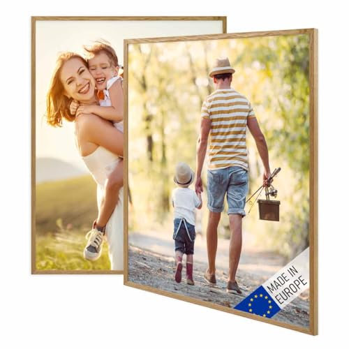 PHOTOLINI Bilderrahmen Holz 60x80 Eiche, Holzbilderrahmen Made in EU, 2er Set, bruchsicheres Acrylglas, zum Aufhängen, extra Zubehör - für Ihre liebsten Fotos & Bilder