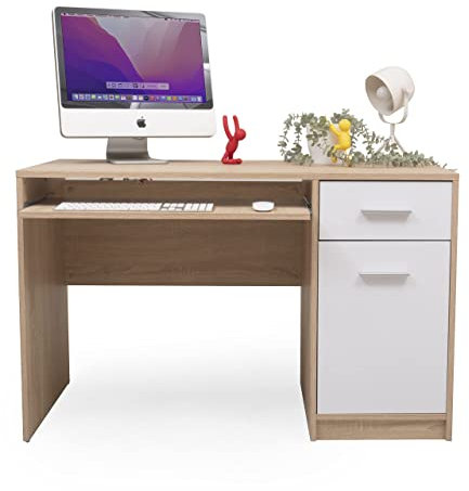 Homely - Mesa Escritorio KENTO | Diseño Moderno, Nórdico | Dormitorio, Estudio, despacho | Bandeja Teclado Extraible | cajón + balda + Armario con Puerta | 120x59x76 cm | Color cambrián y Blanco