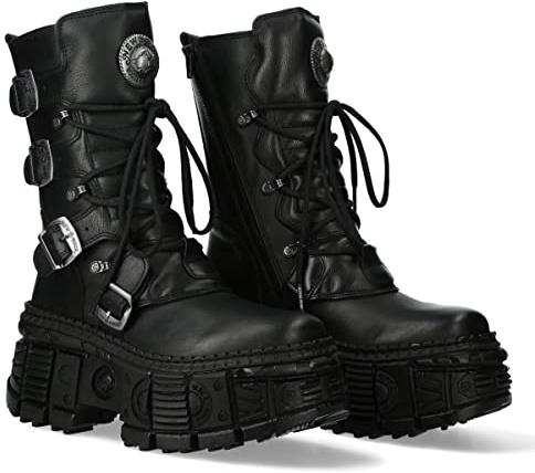 NEW ROCK Boots Women's Platform Buckles Zip Black Tank Metallic Collection Black Woman Boots M.WALL373-S5, Black/White, 7 UK