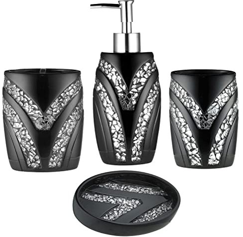 Zahari Home Sinatra stilvolles Badezimmer-Zubehör-Set, schwarzer Seifenspender/Lotion-Pumpe, Becher, Zahnbürstenhalter und Seifenschale, modernes Luxus-Dekor, glitzerndes Mosaikglas, schwarzes