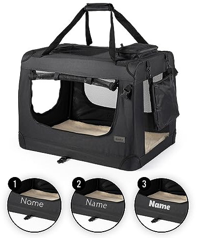 lionto Hundetransportbox faltbar für Reise & Auto, 50x34x36 cm, stabile Transportbox mit Griffen & Decke für Katzen & Hunde bis 10 kg, Hundebox aus Stoff für klein & groß, schwarz (Namensaufdruck)