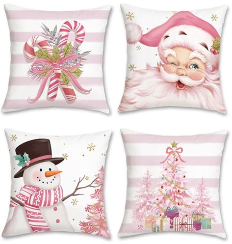 Bonhause 4er Set Kissenbezüge Weihnachten Rosa 45 x 45 cm Weihnachtsmann Schneemann Zuckerstange Xmas Baum Samt Soft Dekorative Kissenhülle Zierkissenbezüge für Winterurlaub Dekoration