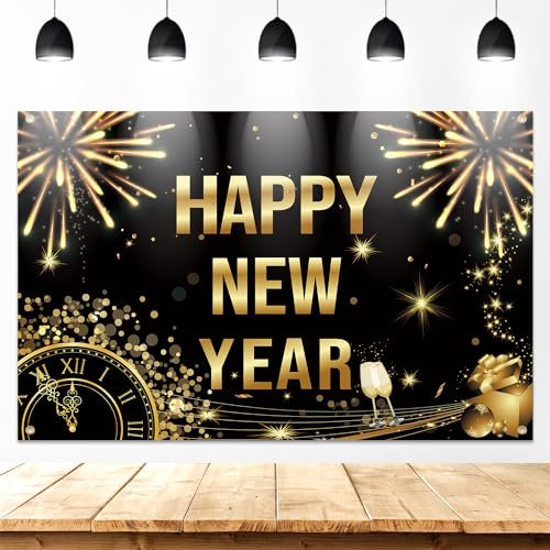 180x115cm Banner Frohes Neues Jahr, Groß Goldfarben Hintergrund Happy New Year Silvesterdekoration 2024 Partyzubehör Feuerwerk Uhr Schwarzer Hintergrund Feiertagsschild Foto-Requisiten