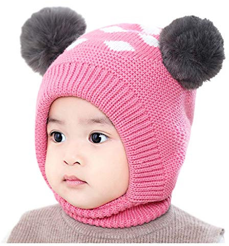 Neugeborene Baby Mädchen Kopfklappe Hut Winter warm Strick Dünner Schal Mädchen (Hot Pink-2, One Size)