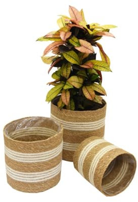 Garden Gear Chia Seagrass Planter Basket Indoor Planter with Interior Plastic Coating Hiding Plastic Pots 3 Pack (Natural Seagrass + Jute Planter)