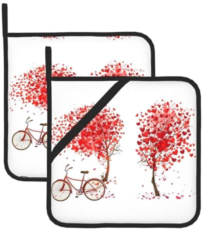 Trukd Festa della mamma San Valentino Cuore romantico albero e bici 2 presine - cucina, forno a microonde, barbecue - Resistenza al calore