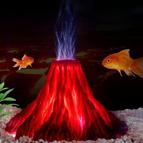 HIULLEN Aquarium Dekorationen Set, Fisch Tank mit Bunten LED Lichtern, Vulkan Form Luftblase Stein, Bubbler Zubehör
