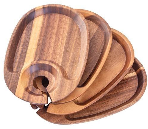 Decent Vrvege Wine Appetizer Plates, Acacia Mini Cheese Boards with Built-in Glass Holder, Wood Individual Cocktail Charcuterie Plates, Serving Platters Boards for Gatherings, Entertaining, Set of 4