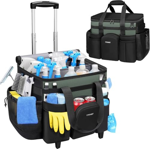 Ytonet Cleaning Caddy with Wheels, Extra Large Rolling Cleaning Caddy Bag with Detachable Trolley for Housekeepers, Water Resistant Cleaner Supplies Organizer with Wheels for Kitchen, Tool Organizer