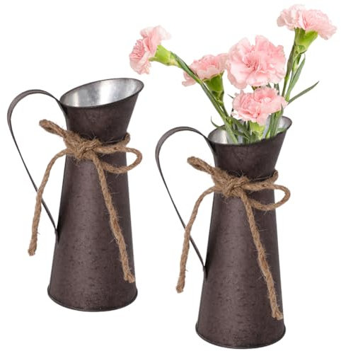 Rustikale Deko Blumenvase aus Metall - 2 Stück Vintage Deko Metall Blumenvase Set,Retro Deko Milchkanne, Vase Deko Landhausstil für Haus/Hochzeitsdeko & Garten Pflanzen(Bronze)