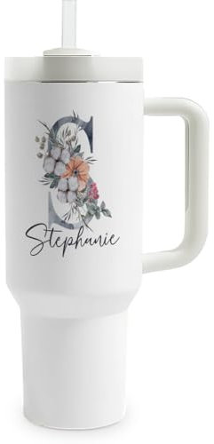 Personalisierter Thermobecher mit Blumen-Name | 1,2 Liter Fassungsvermögen | inkl. Deckel und Trinkhalm | hochwertig | To Go Becher mit Henkel im Blumendesign (40oz) | Geschenkidee | Isolierbecher