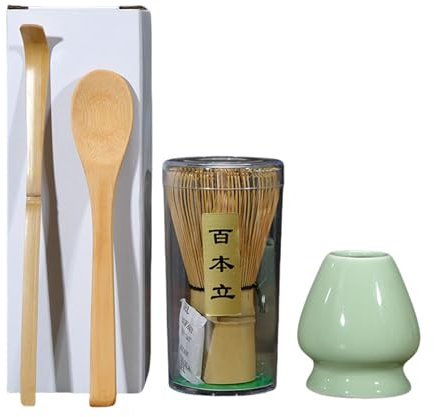 Handcrafted Bamboo Matcha Whisk Set 4 Piece Includes Traditional Tea Spoon Matcha Spoon and Ceramic Matcha Stand Perfect Matcha Tea Set for Tea Enthusiasts Japanese Tea Accessories（Green）