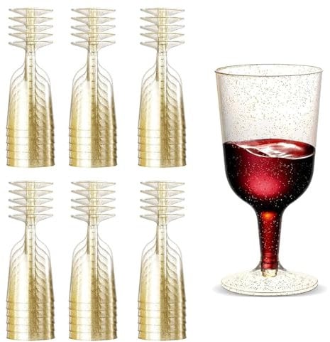 Gikisla 30 Pack Gold Glitter Plastic Wine Glasses, 180ml Capacity, Stemmed, Reusable, Shatterproof, Perfect for Weddings, Parties, and Home Use