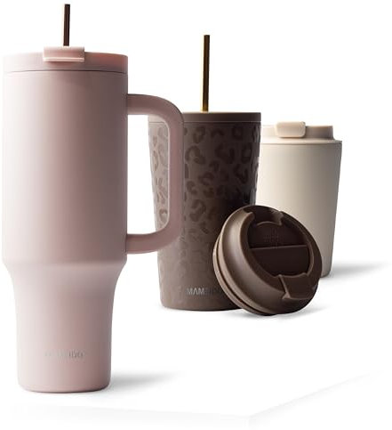 MAMEIDO Mug Isotherme avec Paille & anse 1200ml - Thermo Café étanche en acier inox, Tasse Isotherme sans BPA, Mug Isotherme Cafe (Blush Kissed, 1,2l)