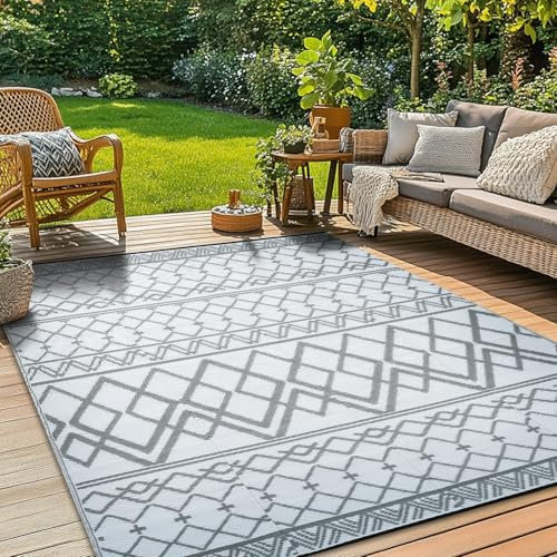 Xfrog Großer Outdoor-Terrassenteppich für Garten, wasserdicht, für drinnen und draußen, recycelter Kunststoff, Teppich, für Veranda, Deck, Balkon, Garten, Picknick, Küche, Flur, marokkanisches Grau