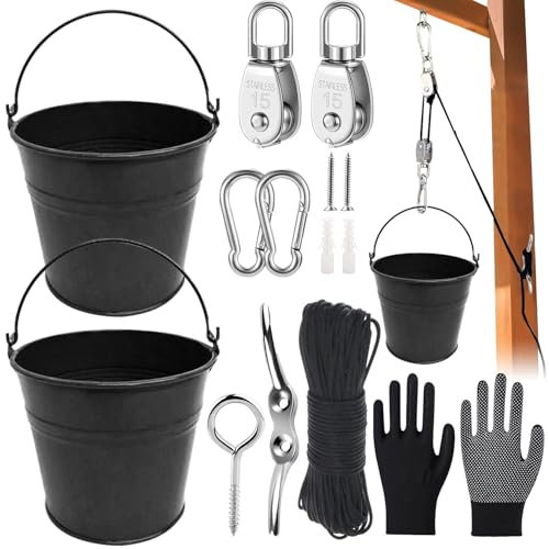 Flaschenzug Kinder,Zubehör fürs Baumhaus Spielturm,Spielturm Zubeh,Flaschenzug mit Metalleimer,ZubehöR Spielhaus Outdoor,Kinder-Riemenscheibensystem Spielturm Zubehör,Gartenspielzeug für ab 3 Jahren