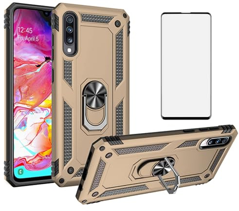 Phone Case for Samsung Galaxy S10 5G with Tempered Glass Screen Protector Cover Stand Ring Magnetic Rugged Metal Silicone Rubber Holder Hard Shockproof Heavy Duty Accessories S105G 10S G5 Gold
