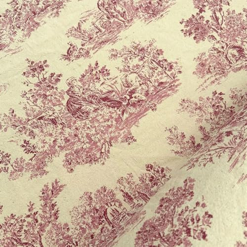 Tissu Toile de Jouy Tissé Teint d'Ameublement 100% Coton - au Mètre - 3 coloris 250g/m² Largeur 150cm Pour Tentures Murales Rideaux Tapisseries de Canapés (Rose)
