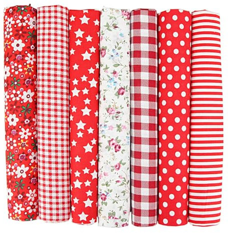 7er Set Baumwollstoff 50x50cm – Stoffe zum Nähen, Patchwork Stoffe, Stoffreste – DIY Stoff für Basteln, Quilten, Deko & Puppenkleidung – 100 % Baumwolle, Verschiedene Designs (Rot, 50x50cm)