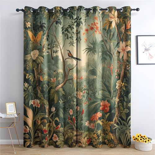 Generisch Vorhänge Vintage Blumen, Tropischer Vogel Blumen Vorhang Blickdicht mit Ösen, Gardinen Wohnzimmer Schlafzimmer Deko, Verdunklungsvorhänge, 2er Set Blackout Curtains, 175 x 140 cm (H x B)