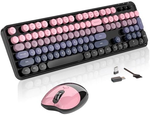 MOFII Kabellose Tastatur und Maus, 104 runde Tastenkappen, Retro-Schreibmaschine mit OTG und Bürste, ergonomisch, ideal für Windows-PC, Zuhause, Büro und College, Pfirsichrosa
