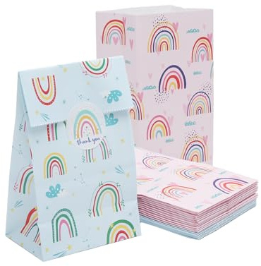 APOMOONS 24 Stück Regenbogen Papier Partytüten, Geschenktüten Faltbarer | mit 24 Aufkleber, Wiederverwendbare Papiertüten Regenbogen, Mitgebsel Tüten, für Hochzeit, Party, Geburtstag