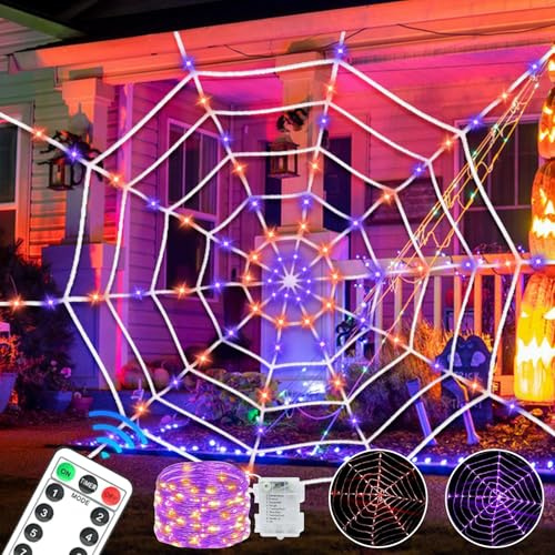 Halloween Spinnennetz Lichter Deko,Spinnennetz Halloween deko garten,8 Modi 60 LED Lichterketten Hallowee-n Deko outdoor,Hallowee Dek-o Spinnennet Lichterkette,USB-Betrieben mit Timer Netzlichte Dek-o