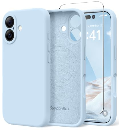 SuydanBox Magnetic for iPhone 16 Case, Compatible with MagSafe, [Screen Protector + Full Camera Protection], Silicone Shockproof Anti-Scratch Protective Phone Case for iPhone 16 6.1, Light Blue