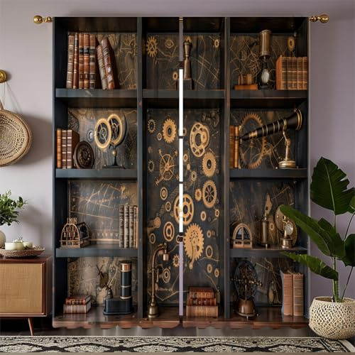 VELOMEA Steampunk Bücherregal Vorhänge Vintage Nautical Bibliothek Gardinen mit Globus Kompass Karten, Dark Academia Retro Stil, Blickdichte Verdunkelungsvorhänge für Wohnzimmer 2er Pack 107x114 cm