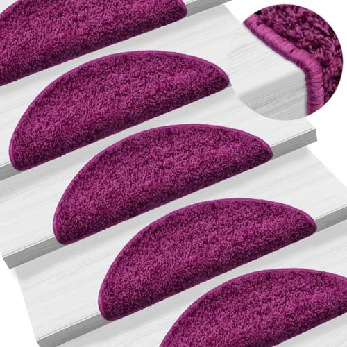 QJBSAVVA Stufenmatten Lila 15 STK. 56x17x3 cm Halbrund aus 100% PP getuftet mit Klebeband Antirutsch rutschfest waschbar Treppenteppich modern für Wohnzimmer Flur Schlafzimmer Wendeltreppe