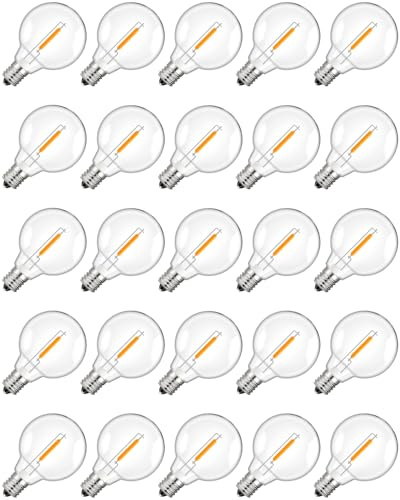 Hcnew 25 Stück E12 G40 LED Solar Ersatzbirnen, 2700 K Warmweiß, 1 W entspricht 5 W, DC 24 V, bruchsichere und wasserdichte Globe Glühbirnen für Lichterketten, Party, Terrasse, Garten, Hochzeit