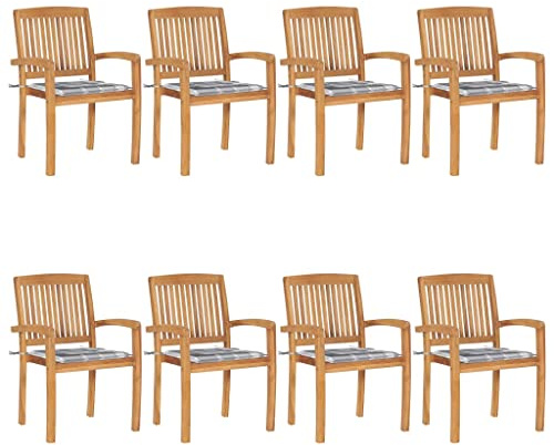 Runheo Teakholz Stapelbare Gartenstühle mit Kissen, 8er-Set, Massivholz für Garten Terrasse, 60x57,5x90 cm, Witterungsbeständig